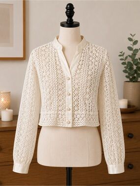 Elegant Cream Crochet and Lace Button-Front Women’s Sweater